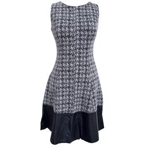 Lauren Ralph Kauren Houndstooth Tweed Fit & Flare Dress Size 0 Faux Leather Trim